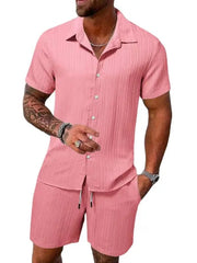  Showlu Fashion Store Pink / XXXL Cotton-Linen Striped Shirt Set