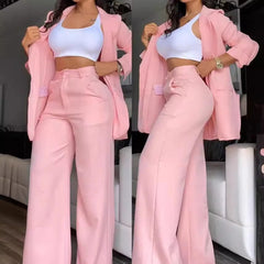 SHOWLU FASHION STORE Pink / XXXL Two Piece Set Women Outfit Autumn Fashion  Collar Long Sleeve Blazer Coat & Elegant Pocket Design Work Pants Set