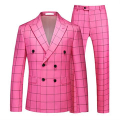 SHOWLU FASHION STORE Pink / XXXS ( Jacket + Pant ) Luxury Men Groom Wedding Suits High Quality Business Social Prom Party Double Breasted Plaid Dress 2 Piece