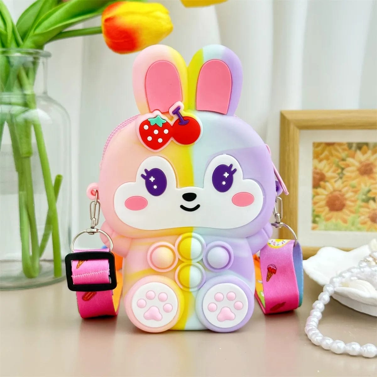  Showlu Fashion Store Pink-Yellow Girls Silicone Cute Rabbit Messenger Bag Coin Purse Children's Decompression Pop Fidget Toys