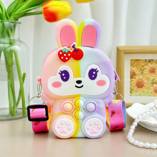  Showlu Fashion Store Pink-Yellow Girls Silicone Cute Rabbit Messenger Bag Coin Purse Children's Decompression Pop Fidget Toys