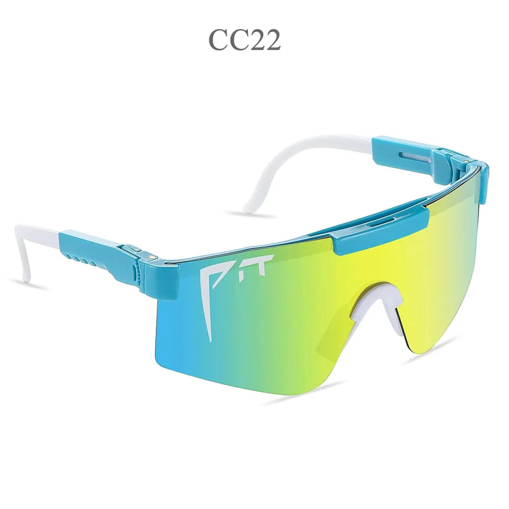 Pit Viper UV400 sport sunglasses with rectangular polycarbonate frames, designed for outdoor MTB riding and active wear.