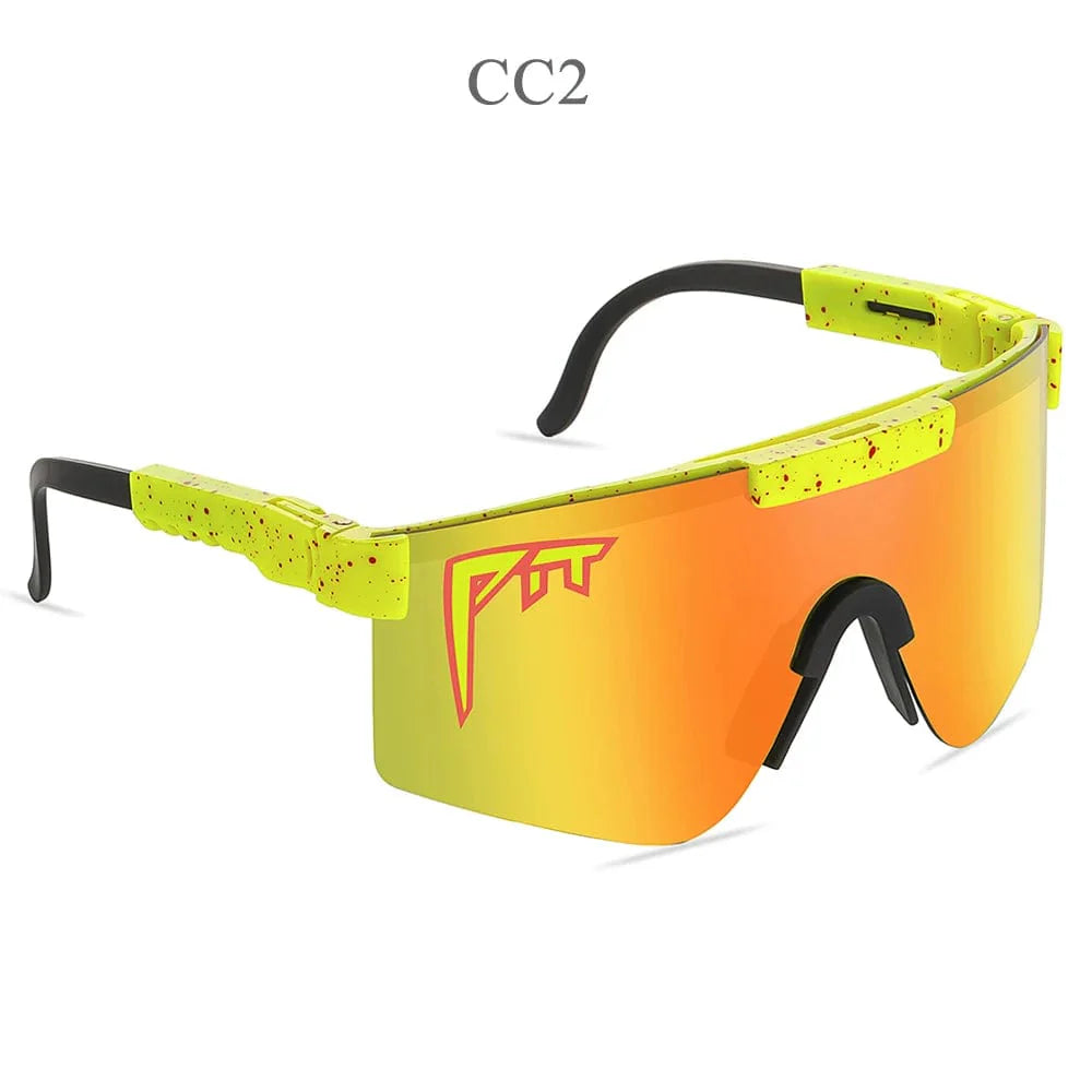 Pit Viper UV400 sport sunglasses with rectangular polycarbonate lenses, designed for outdoor mountain biking and active wear.