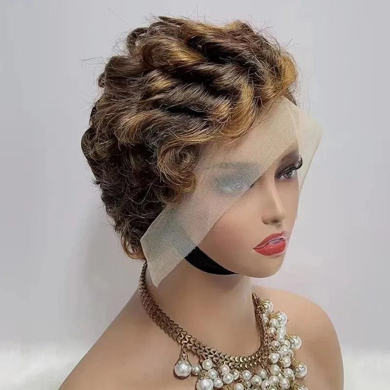  Showlu Fashion Store Pixie Curly 100% Human Hair Wig 13x4 Short Bob Wig Pixie Cut #350 Colored 99J  Lace Frontal Human Hair Wigs for Black Women