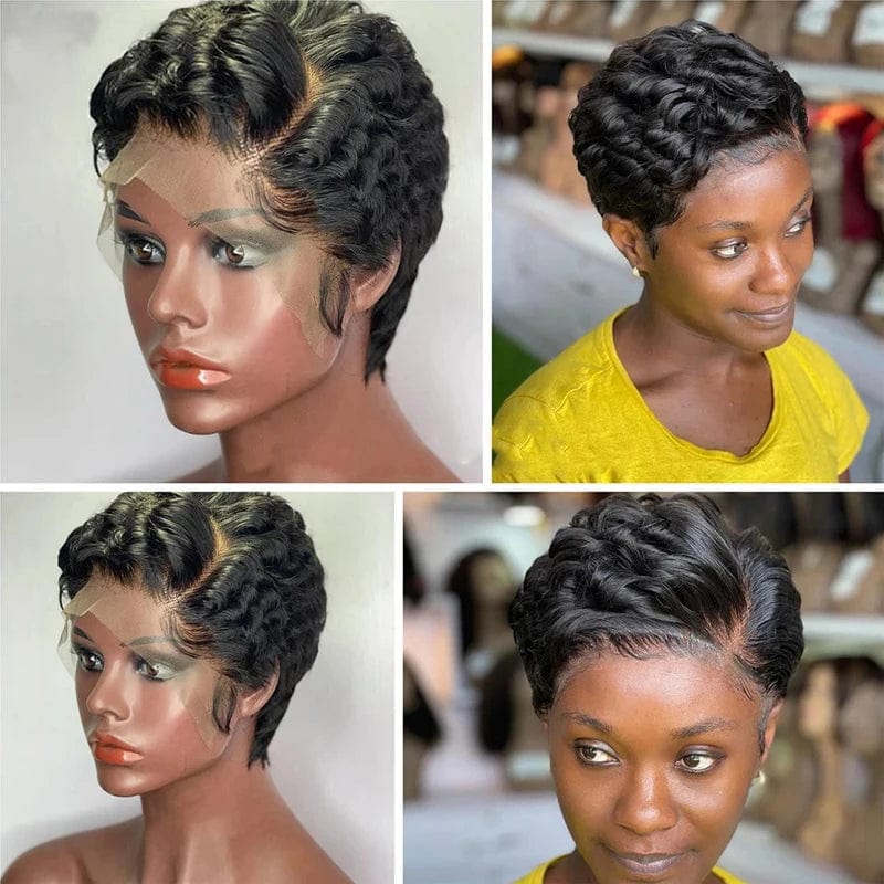  Showlu Fashion Store Pixie Curly 100% Human Hair Wig 13x4 Short Bob Wig Pixie Cut #350 Colored 99J  Lace Frontal Human Hair Wigs for Black Women