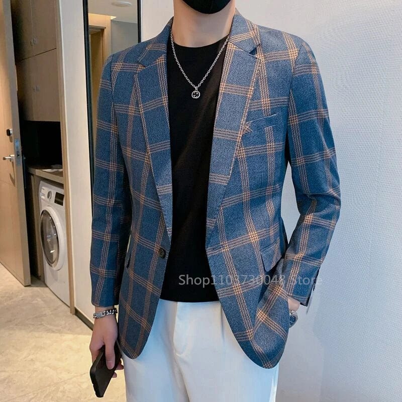 Men's plaid wool blend blazer with notch lapel from Showlu Fashion, stylish British-inspired suit jacket, casual and business wear.