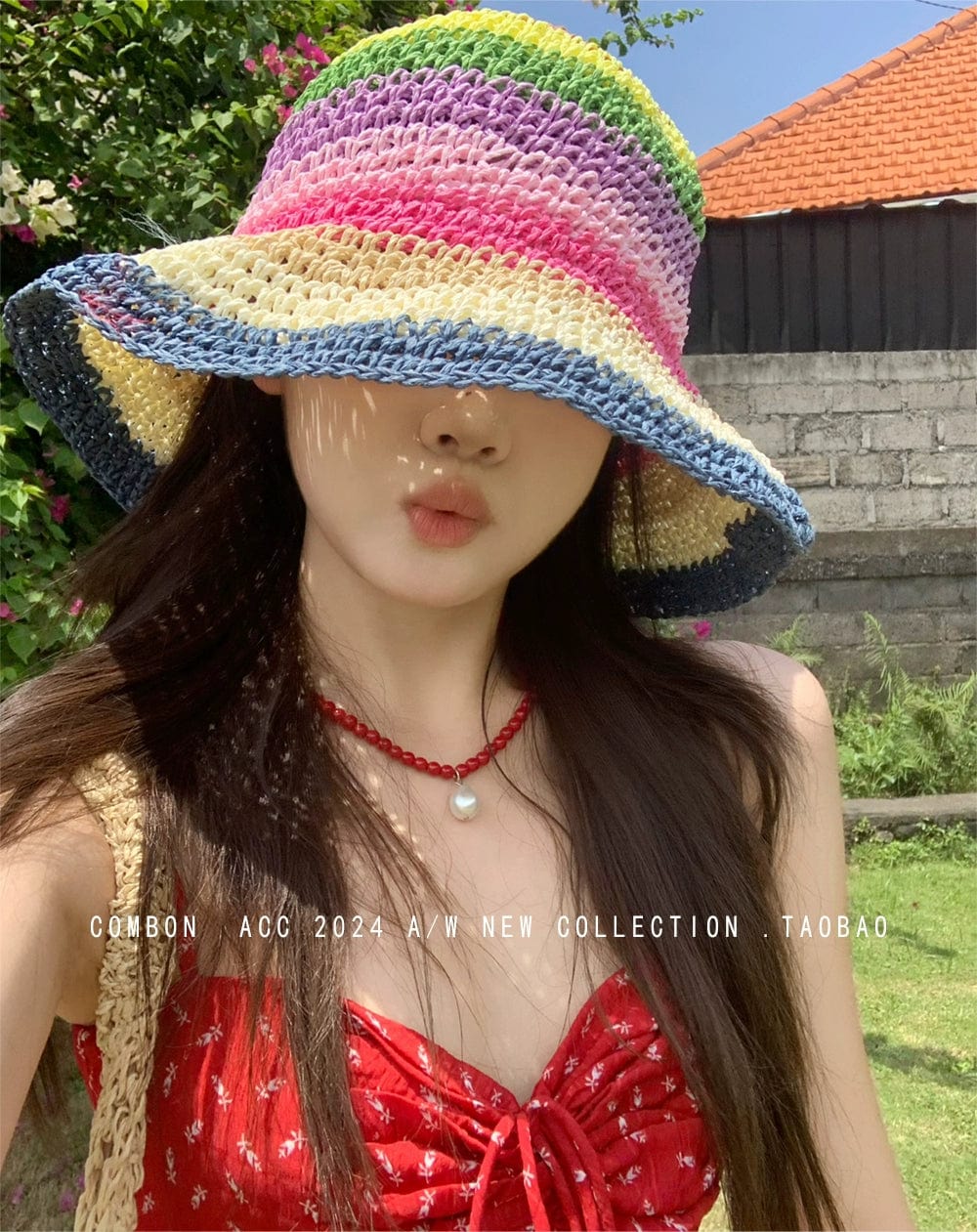  Showlu Fashion Store Plus size:(58-63cm) adjustable / Blue edge Straw Hat Rainbow Female Summer Japanese Beach Sun-Proof Hat