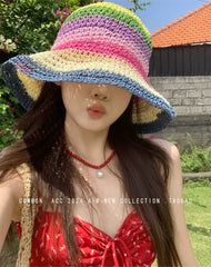  Showlu Fashion Store Plus size:(58-63cm) adjustable / Blue edge Straw Hat Rainbow Female Summer Japanese Beach Sun-Proof Hat