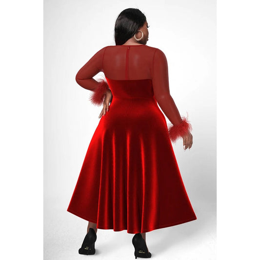 SHOWLU FASHION STORE Plus Size Christmas Red Cocktail Party Dresses Elegant Fall Winter Crew Neck Long Sleeve See Through Velvet A-line Midi Dress