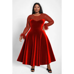 SHOWLU FASHION STORE Plus Size Christmas Red Cocktail Party Dresses Elegant Fall Winter Crew Neck Long Sleeve See Through Velvet A-line Midi Dress