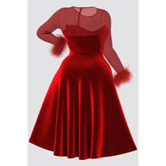 SHOWLU FASHION STORE Plus Size Christmas Red Cocktail Party Dresses Elegant Fall Winter Crew Neck Long Sleeve See Through Velvet A-line Midi Dress