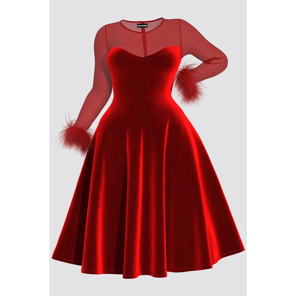 SHOWLU FASHION STORE Plus Size Christmas Red Cocktail Party Dresses Elegant Fall Winter Crew Neck Long Sleeve See Through Velvet A-line Midi Dress