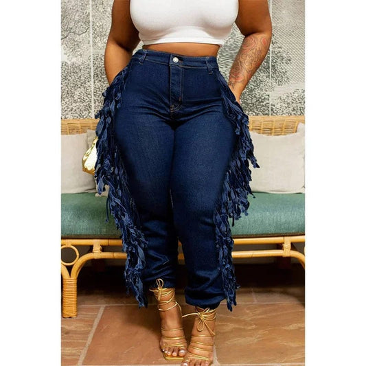  Showlu Fashion Store Plus Size Daily Jeans Denim Fringe Asymmetric Waist Cargo Jeans With Pocket Vestidos para mujer