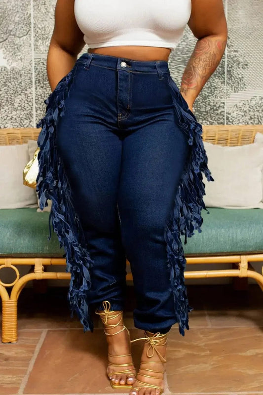  Showlu Fashion Store Plus Size Daily Jeans Denim Fringe Asymmetric Waist Cargo Jeans With Pocket Vestidos para mujer