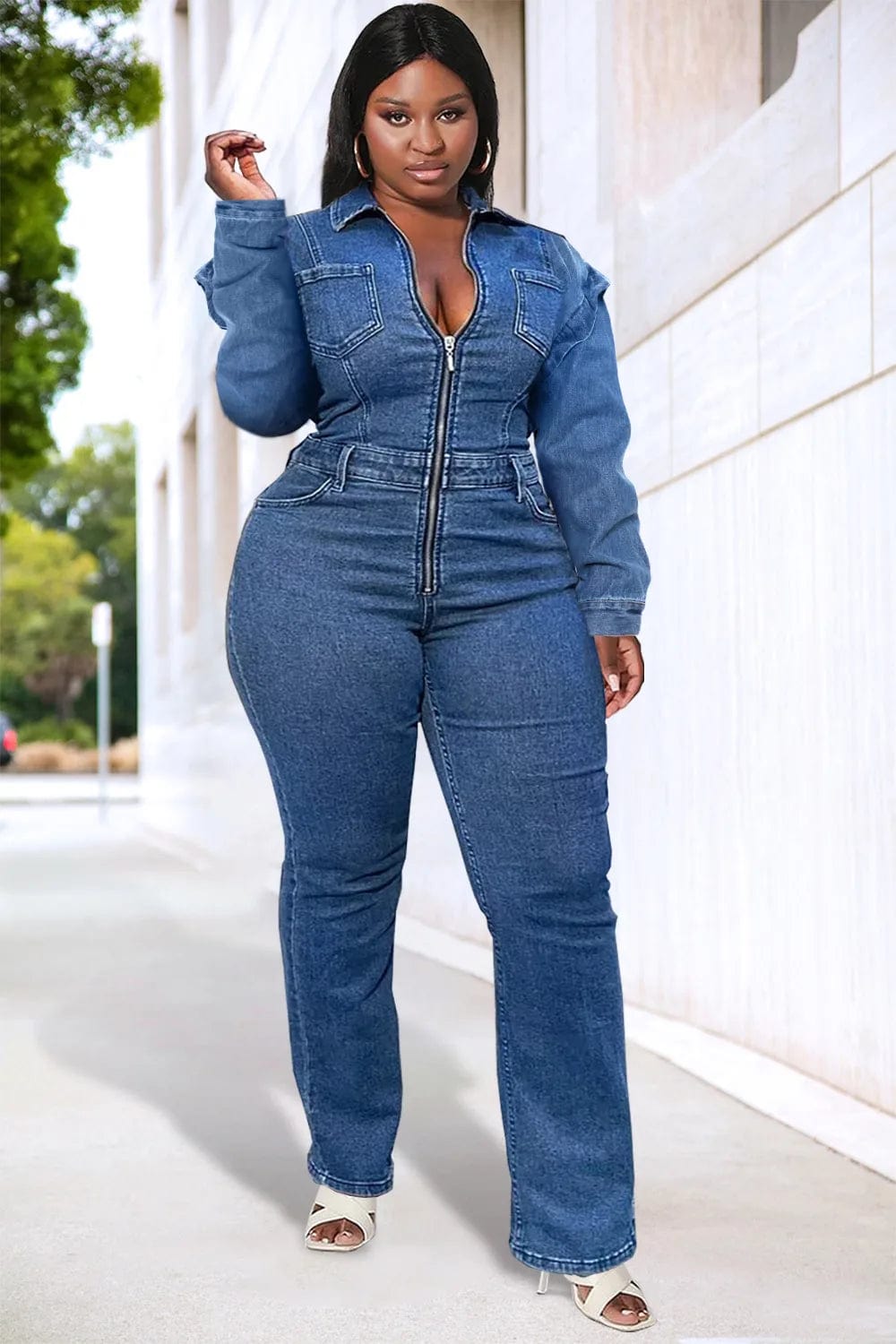  Showlu Fashion Store Plus Size Daily Jumpsuit Blue Long Sleeve Denim Zip Jumpsuit Women's Spring Autumn Bodysuit Solid Color Romper Jeans