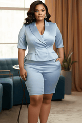 SHOWLU FASHION STORE Plus Size Semi Formal Light Blue Lapel Collar Short Sleeve Satin Two Piece Short Sets