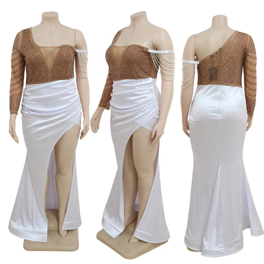 SHOWLU FASHION STORE Plus Size Sexy Diamonds Mesh Split Party Long Dress Bodycon Elegant Maxi Dresses Evening Club Banquet Vestidos Women Clothes