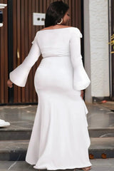 SHOWLU FASHION STORE Plus Size Wedding White Off The Shoulder Flare Long Sleeve Asymmetric Hem Maxi Dresses