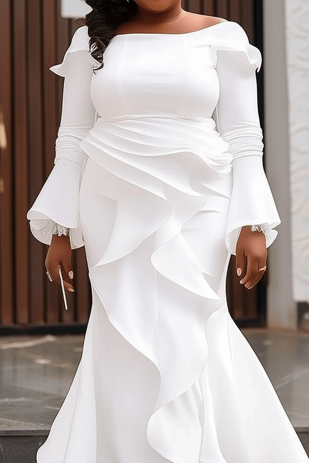 SHOWLU FASHION STORE Plus Size Wedding White Off The Shoulder Flare Long Sleeve Asymmetric Hem Maxi Dresses