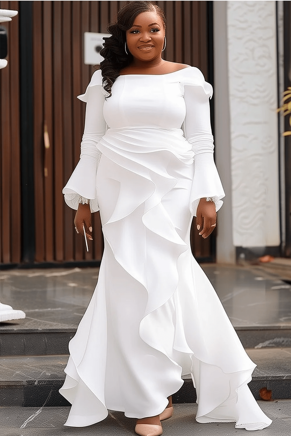 SHOWLU FASHION STORE Plus Size Wedding White Off The Shoulder Flare Long Sleeve Asymmetric Hem Maxi Dresses