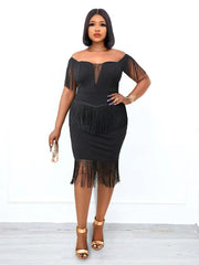 SHOWLU FASHION STORE Plus Size Women Tassel Dress V Neck Off Shoulder Fringe Short Dress Party Event Birthday Wedding Guest African Prom Gowns