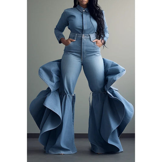  Showlu Fashion Store Plus Size Work Jeans Blue Denim High Waist Side Ruffles Flare Leg Jeans