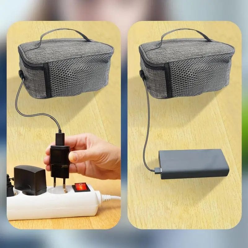Showlu Portable USB Electric Food Warmer Bag with waterproof Oxford fabric, compact design for outdoor camping and travel.