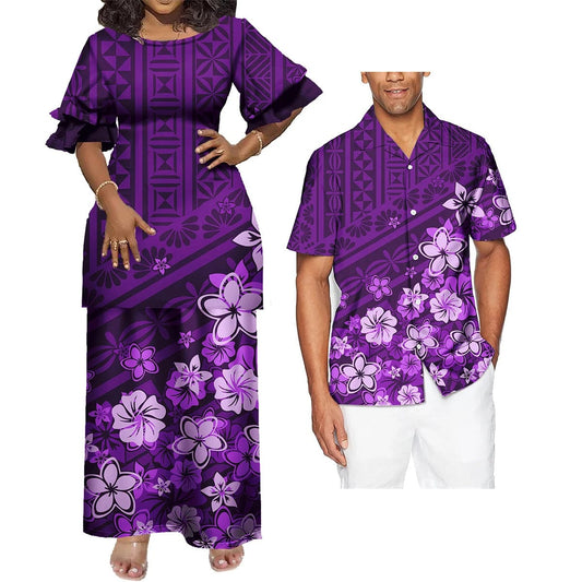 SHOWLU FASHION STORE Polynesian Hawaiian Samoan Tropical Floral His And Hers Match Clothes Tribal Print Dress Mens Shirt Matching Set Couple Clothing