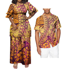 SHOWLU FASHION STORE Polynesian Hawaiian Samoan Tropical Floral His And Hers Match Clothes Tribal Print Dress Mens Shirt Matching Set Couple Clothing