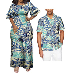 SHOWLU FASHION STORE Polynesian Hawaiian Samoan Tropical Floral His And Hers Match Clothes Tribal Print Dress Mens Shirt Matching Set Couple Clothing