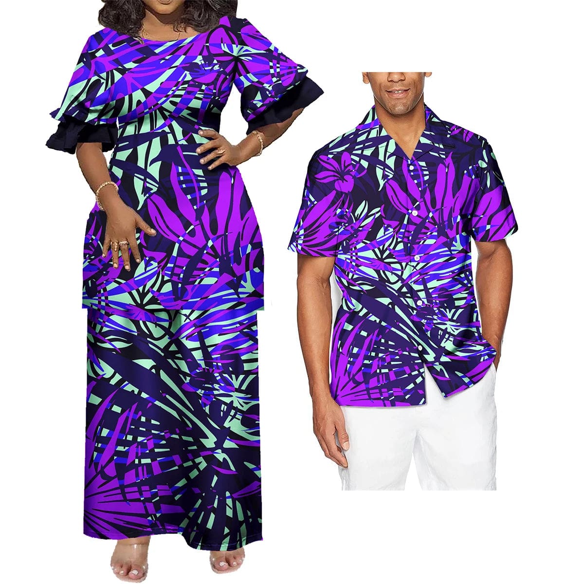 SHOWLU FASHION STORE Polynesian Hawaiian Samoan Tropical Floral His And Hers Match Clothes Tribal Print Dress Mens Shirt Matching Set Couple Clothing