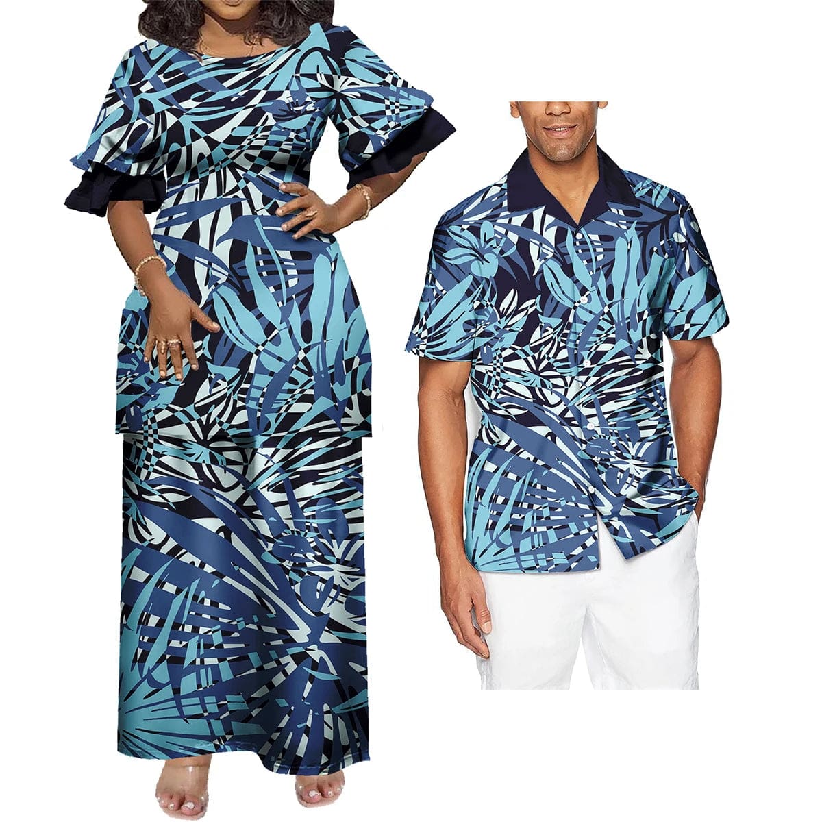 SHOWLU FASHION STORE Polynesian Hawaiian Samoan Tropical Floral His And Hers Match Clothes Tribal Print Dress Mens Shirt Matching Set Couple Clothing