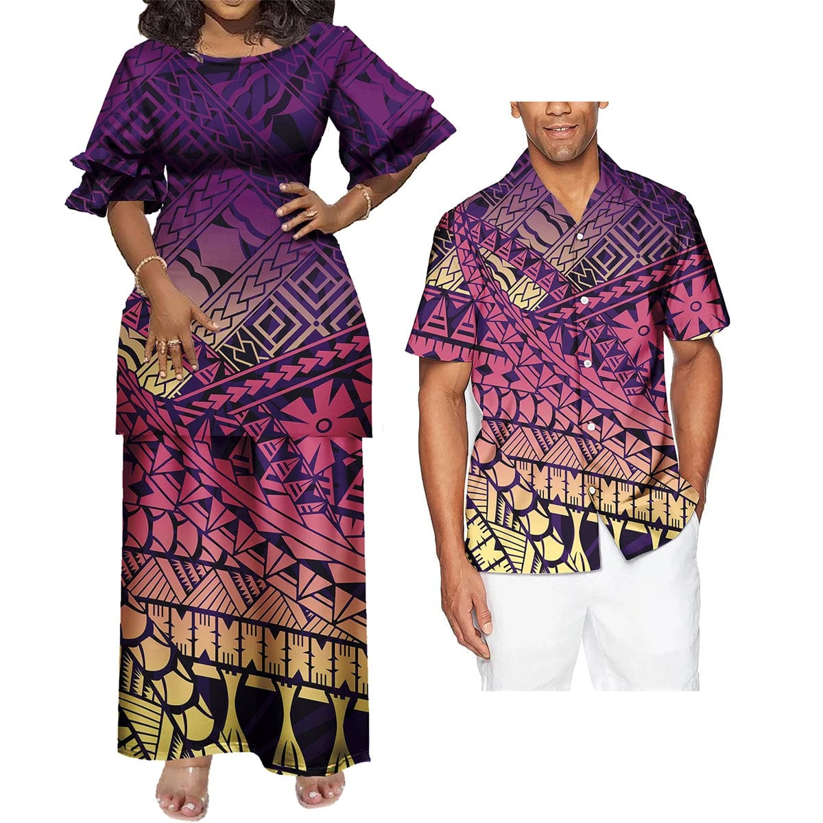 SHOWLU FASHION STORE Polynesian Hawaiian Samoan Tropical Floral His And Hers Match Clothes Tribal Print Dress Mens Shirt Matching Set Couple Clothing