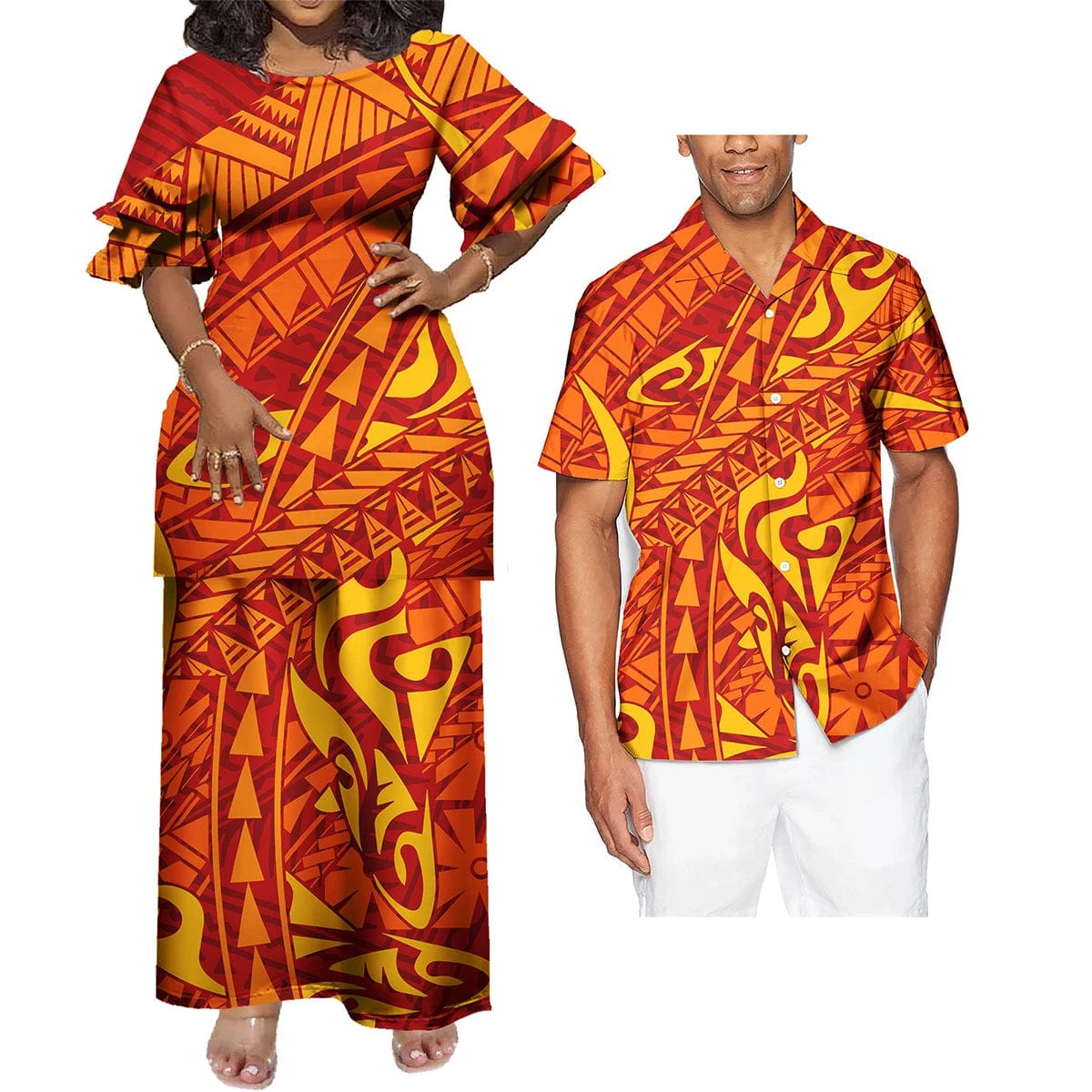 SHOWLU FASHION STORE Polynesian Hawaiian Samoan Tropical Floral His And Hers Match Clothes Tribal Print Dress Mens Shirt Matching Set Couple Clothing