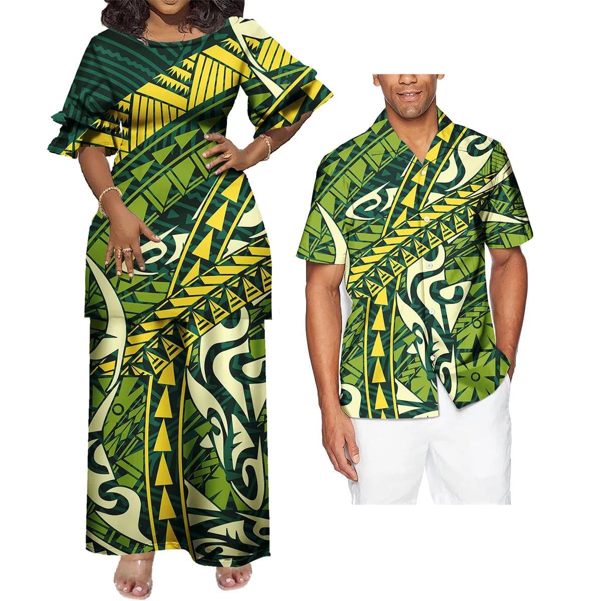 SHOWLU FASHION STORE Polynesian Hawaiian Samoan Tropical Floral His And Hers Match Clothes Tribal Print Dress Mens Shirt Matching Set Couple Clothing