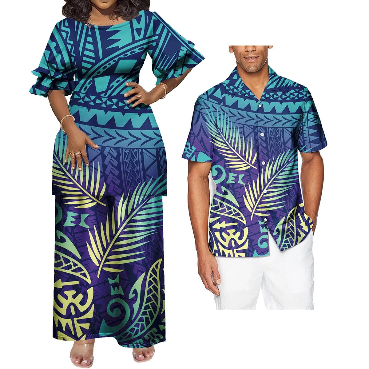 SHOWLU FASHION STORE Polynesian Hawaiian Samoan Tropical Floral His And Hers Match Clothes Tribal Print Dress Mens Shirt Matching Set Couple Clothing