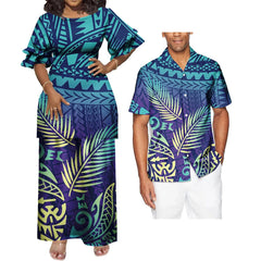 SHOWLU FASHION STORE Polynesian Hawaiian Samoan Tropical Floral His And Hers Match Clothes Tribal Print Dress Mens Shirt Matching Set Couple Clothing