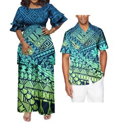 SHOWLU FASHION STORE Polynesian Hawaiian Samoan Tropical Floral His And Hers Match Clothes Tribal Print Dress Mens Shirt Matching Set Couple Clothing