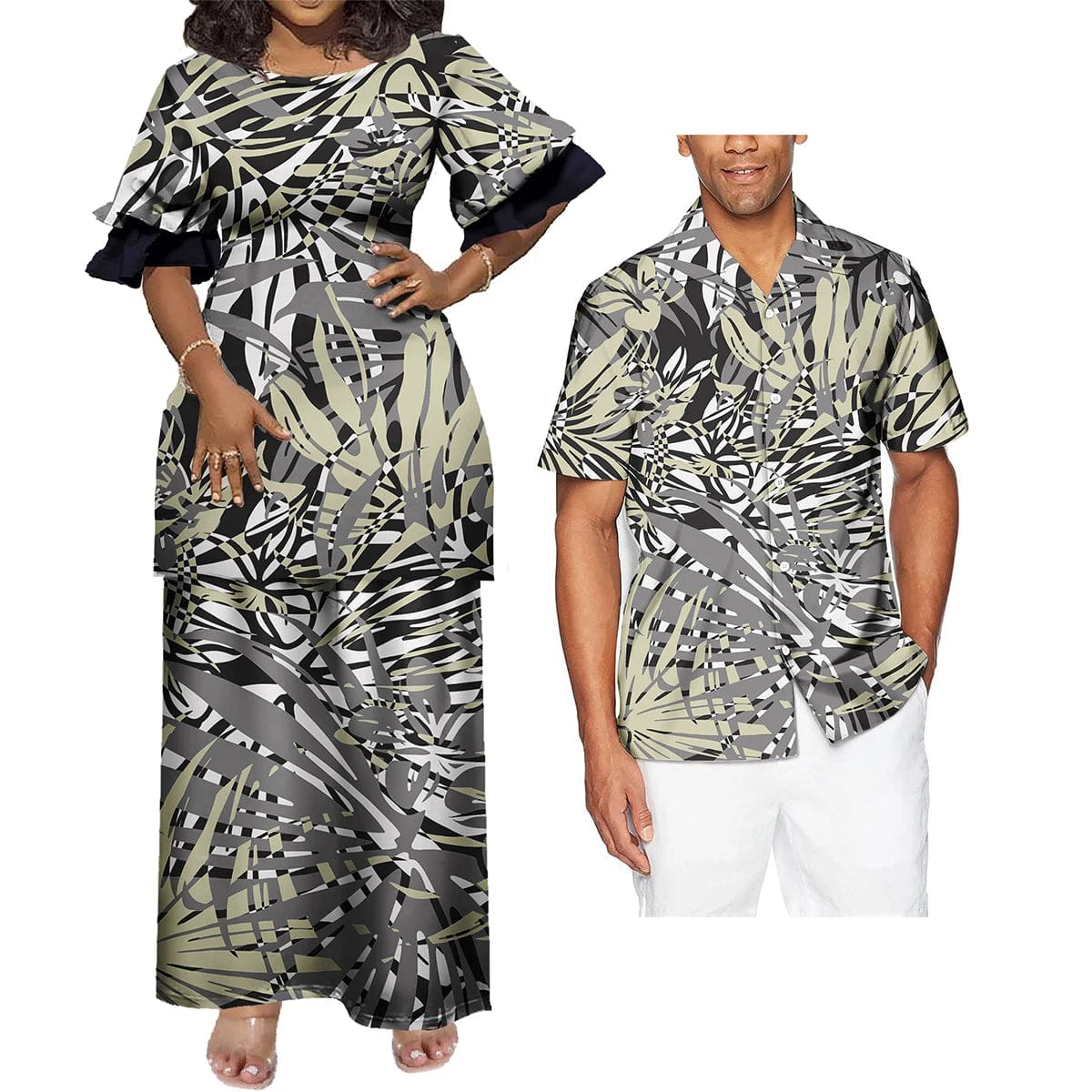 SHOWLU FASHION STORE Polynesian Hawaiian Samoan Tropical Floral His And Hers Match Clothes Tribal Print Dress Mens Shirt Matching Set Couple Clothing