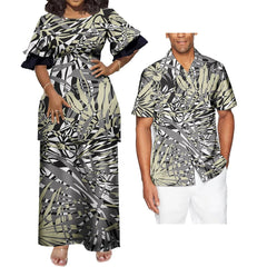 SHOWLU FASHION STORE Polynesian Hawaiian Samoan Tropical Floral His And Hers Match Clothes Tribal Print Dress Mens Shirt Matching Set Couple Clothing