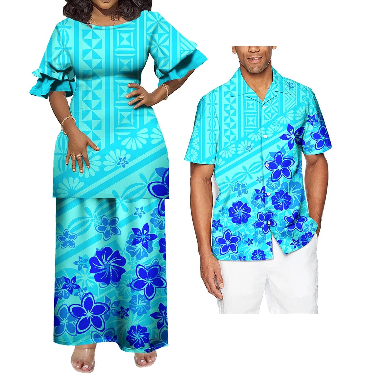 SHOWLU FASHION STORE Polynesian Hawaiian Samoan Tropical Floral His And Hers Match Clothes Tribal Print Dress Mens Shirt Matching Set Couple Clothing