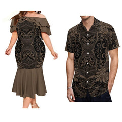 SHOWLU FASHION STORE Polynesian Tribe With Couple Suits Women'S Fishtail Dress Sexy One-Shoulder Skirt And Men'S Pocket Shirt Fijian Design