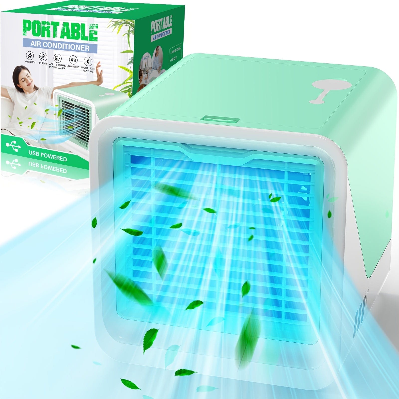Showlu Fashion Store PmoYoKo portable air conditioner in green, featuring 3-speed evaporative cooling, humidifier, and replaceable filter