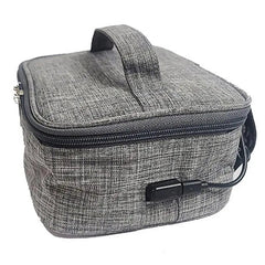 A grey portable electric lunch bag with a top handle and an external USB charging port.