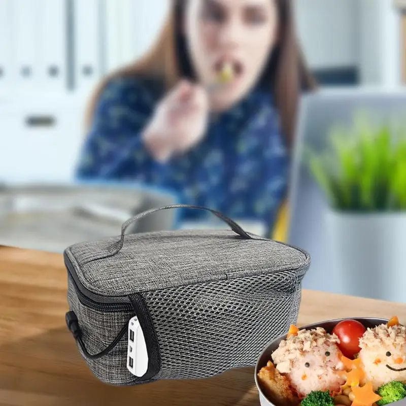 Showlu Portable USB Electric Food Warmer Bag made of waterproof Oxford fabric, compact lunch pouch for outdoor camping and travel.