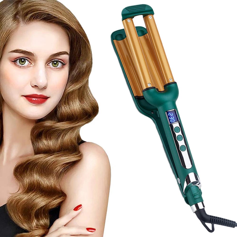  Showlu Fashion Store Professional Hair Curler 3 Barrels Egg Roll Bars Curling Iron Ceramic Triple Barrel with LCD Display Crimpers Waves Curler