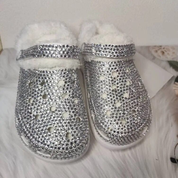  Showlu Fashion Store Pure White / 37 New Sparkly Plush Clogs Women High Heel Detachable Furry Hole Shoes Thick Sole Bling Bedazzled Clog Mules All Rhinestone Sandals