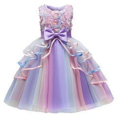  Showlu Fashion Store purple 04 / 4T Girls Unicorn Pink Dress Girl Rainbow Layered Dresses For Bithday Party Flower Girl Bow Ball Gown Kid Fluffy Clothes For Wedding