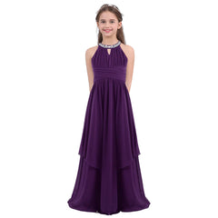 SHOWLU FASHION STORE Purple / 10 Chiffon Flower Girls Dress Floor-Length Sleeveless Wedding Party Dress Sequined Halter Flower Girl Dress Princess Pageant Dress