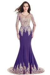 SHOWLU FASHION STORE Purple / 14 Purple Mermaid Prom Dresses Women Beaded Lace Applique Red Long Sleeve Backless Elegant Formal Evening Party Gown Robe De Soirée